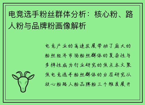 电竞选手粉丝群体分析：核心粉、路人粉与品牌粉画像解析