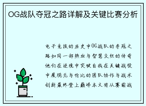 OG战队夺冠之路详解及关键比赛分析